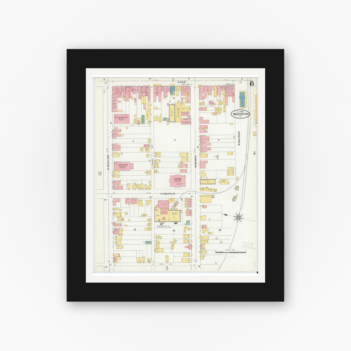 Old map wall art mockup — black gallery frame with white mat — Sanborn Fire Insurance Map from Washington, Washington County, Pennsylvania (1904), Sheet #0006