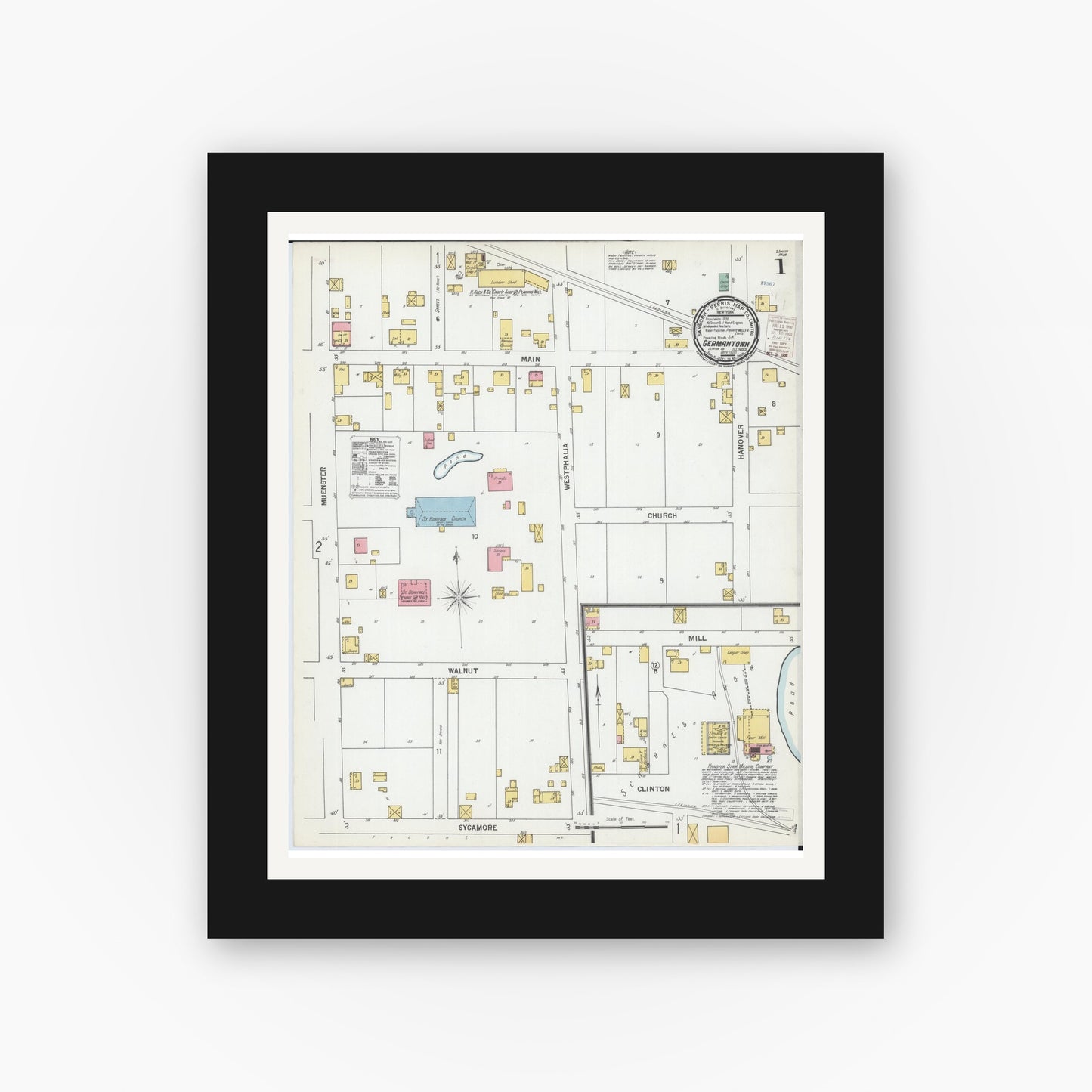 Old map wall art mockup — black gallery frame with white mat — Sanborn Fire Insurance Map from Germantown, Clinton County, Illinois (1900), Sheet #0001