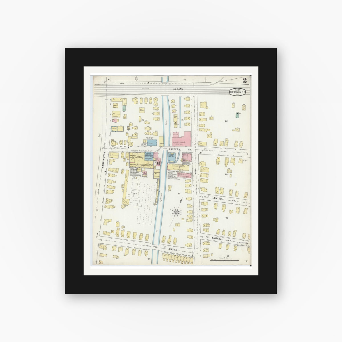 Old map wall art mockup — black gallery frame with white mat — Sanborn Fire Insurance Map from Herkimer, Herkimer County, New York (1895), Sheet #0002