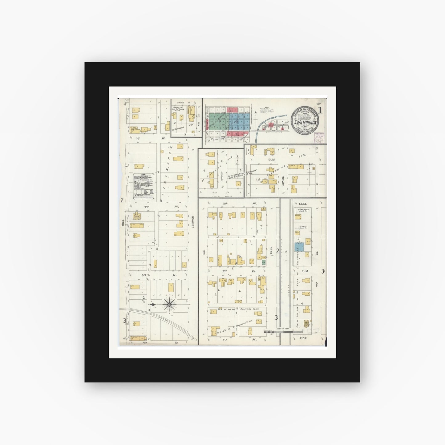 Old map wall art mockup — black gallery frame with white mat — Sanborn Fire Insurance Map from South Wilmington, Grundy County, Illinois (1904) - Complete Map Set