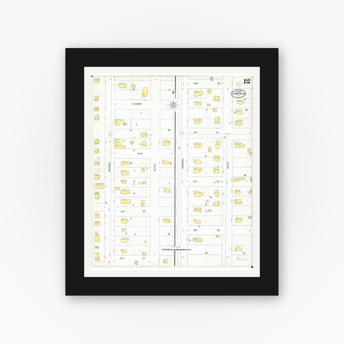 Old map wall art mockup — black gallery frame with white mat — Sanborn Fire Insurance Map from Cedar Falls, Black Hawk County, Iowa (1900), Sheet #0012