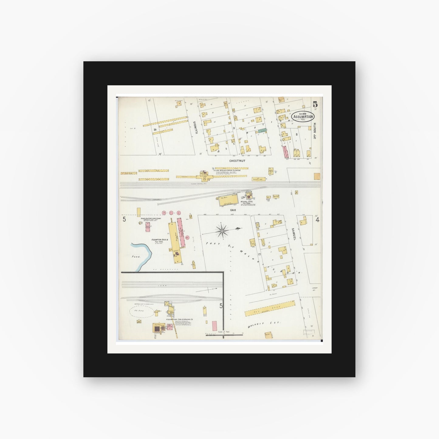 Old map wall art mockup — black gallery frame with white mat — Sanborn Fire Insurance Map from Assumption, Christian County, Illinois (1899), Sheet #0005