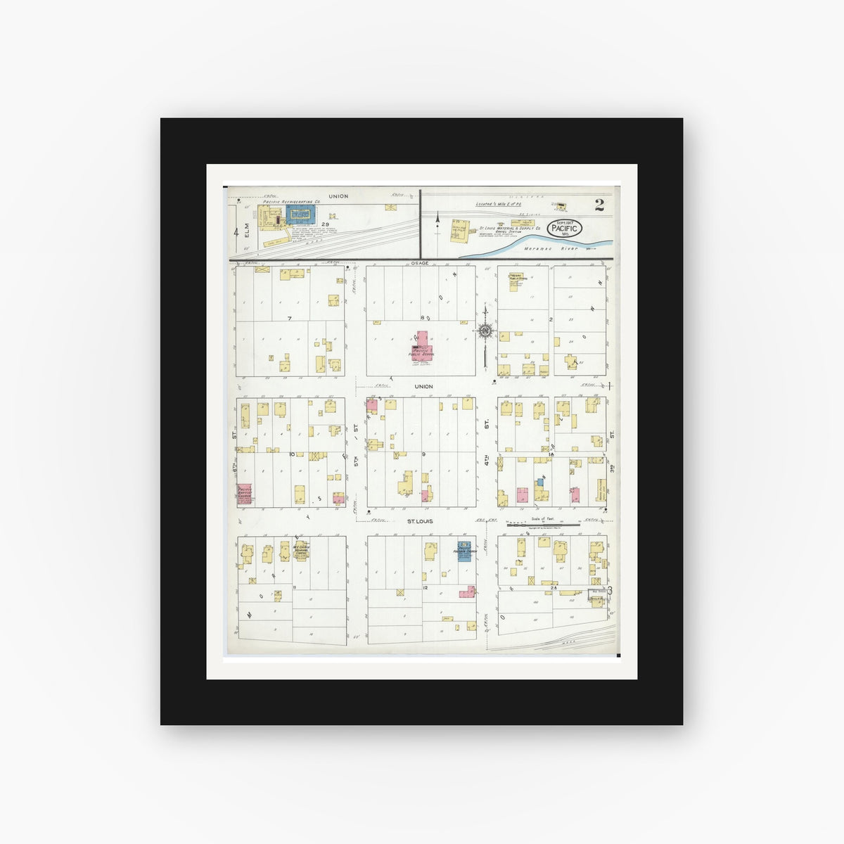 Old map wall art mockup β black gallery frame with white mat β Sanborn Fire Insurance Map from Pacific, Franklin County, Missouri (1917), Sheet #0002