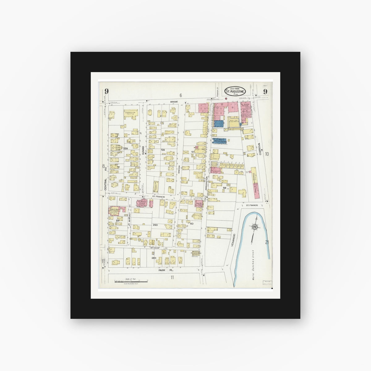 Old map wall art mockup — black gallery frame with white mat — Sanborn Fire Insurance Map from Saint Augustine, Saint John's County, Florida (1924), Sheet #0009