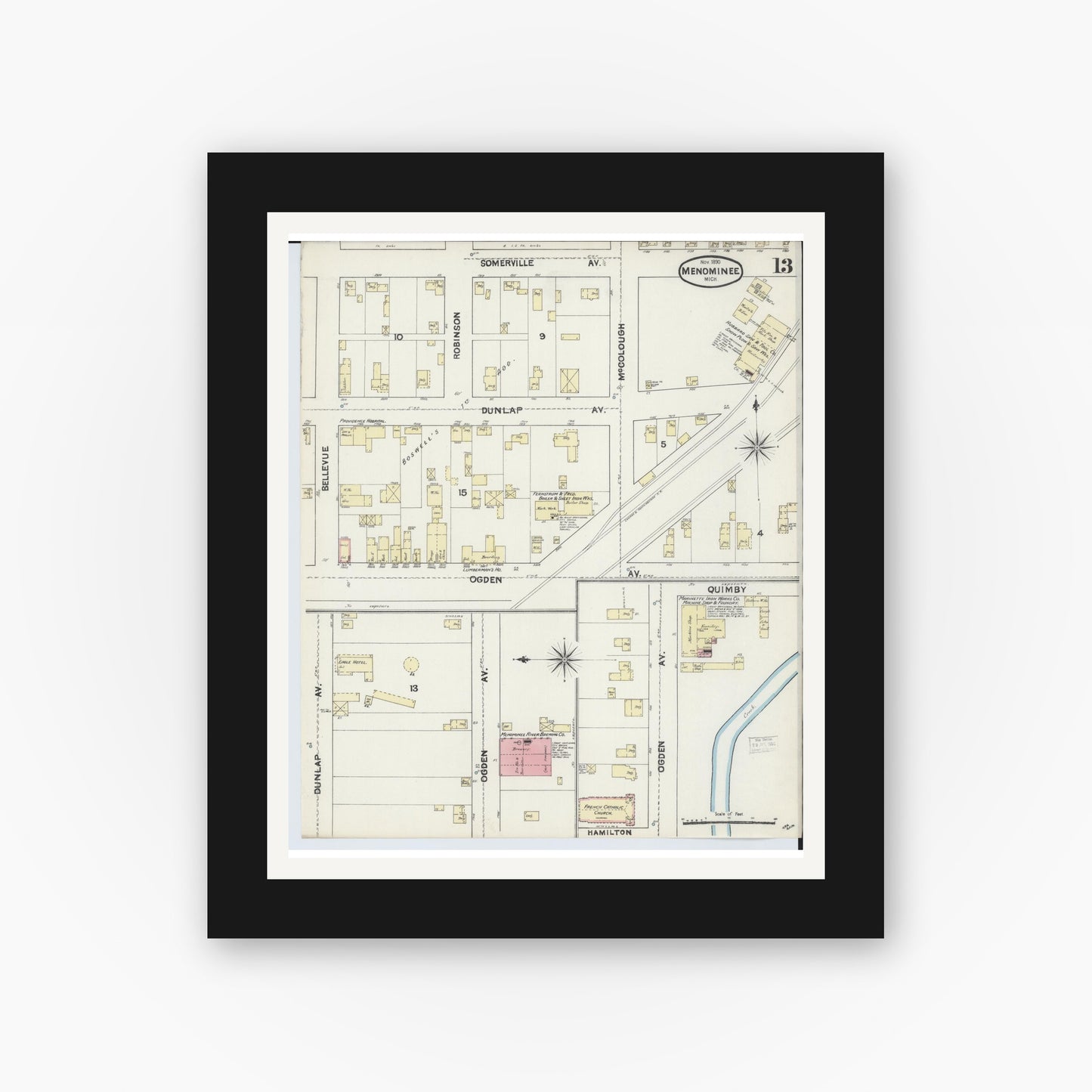 Old map wall art mockup — black gallery frame with white mat — Sanborn Fire Insurance Map from Menominee, Menominee County, Michigan (1890), Sheet #0013