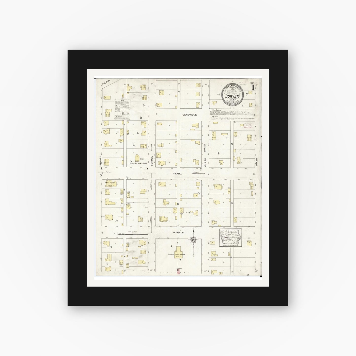 Old map wall art mockup — black gallery frame with white mat — Sanborn Fire Insurance Map from Dow City, Crawford County, Iowa (1913) — Complete Set