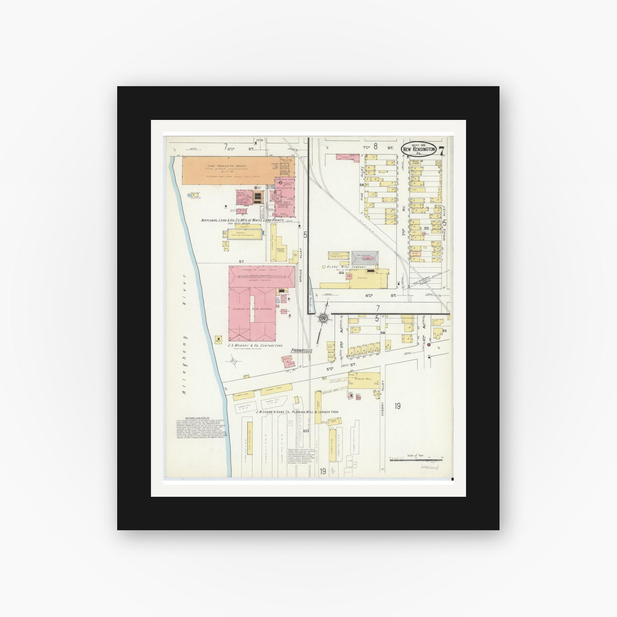Old map wall art mockup — black gallery frame with white mat — Sanborn Fire Insurance Map from New Kensington, Westmoreland County, Pennsylvania (1915), Sheet #0007