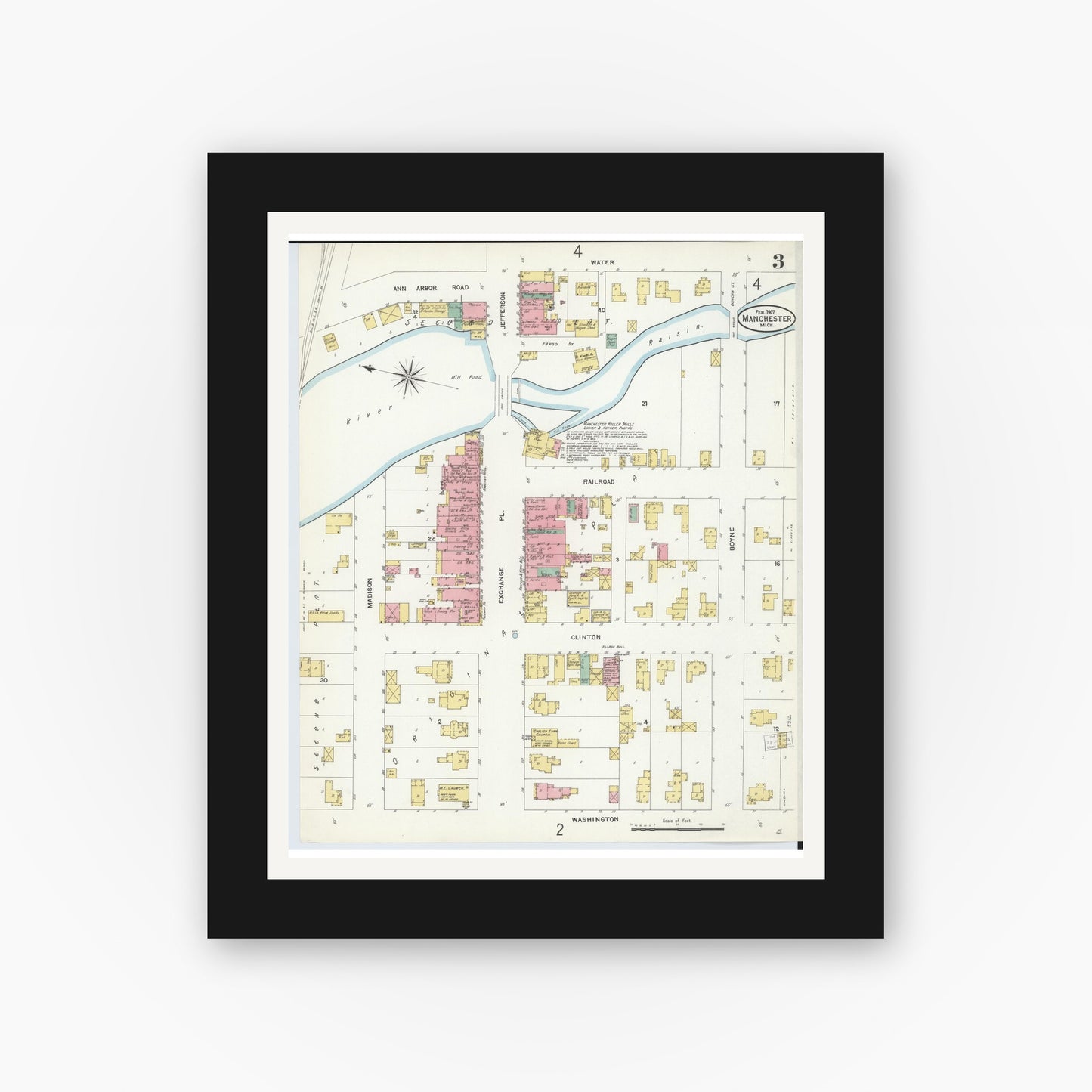 Old map wall art mockup — black gallery frame with white mat — Sanborn Fire Insurance Map from Manchester, Washtenaw County, Michigan (1907), Sheet #0003