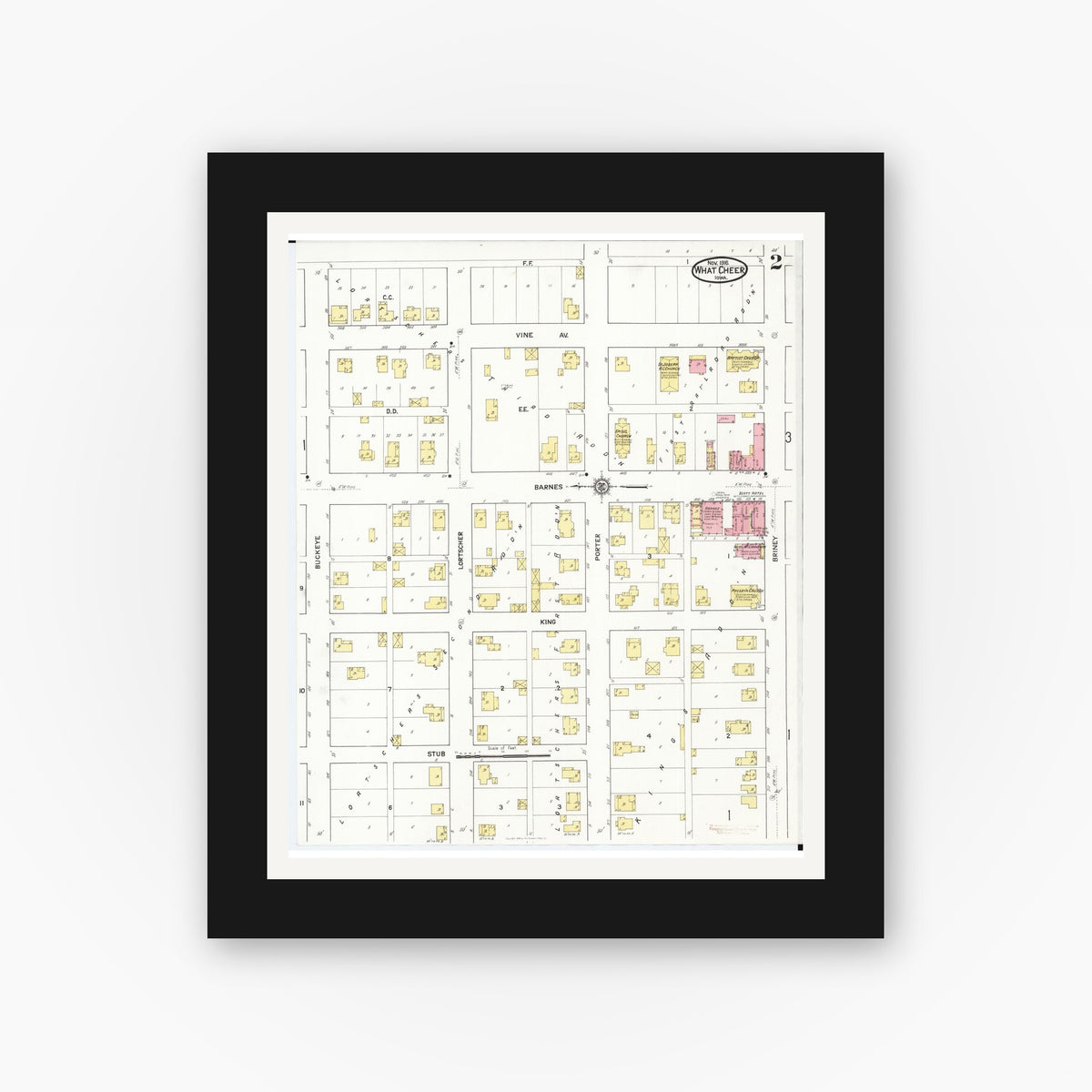Old map wall art mockup — black gallery frame with white mat — Sanborn Fire Insurance Map from What Cheer, Keokuk County, Iowa (1916), Sheet #0002