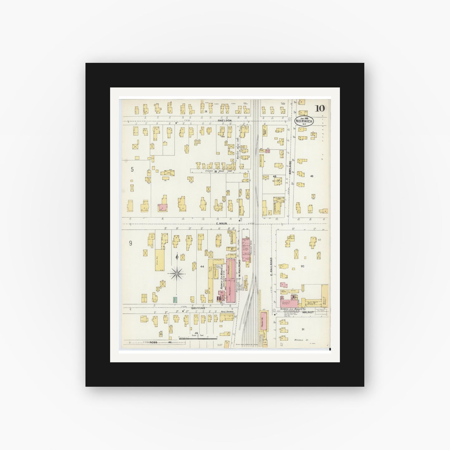 Old map wall art mockup — black gallery frame with white mat — Sanborn Fire Insurance Map from Norwich, Chenango County, New York (1903), Sheet #0010