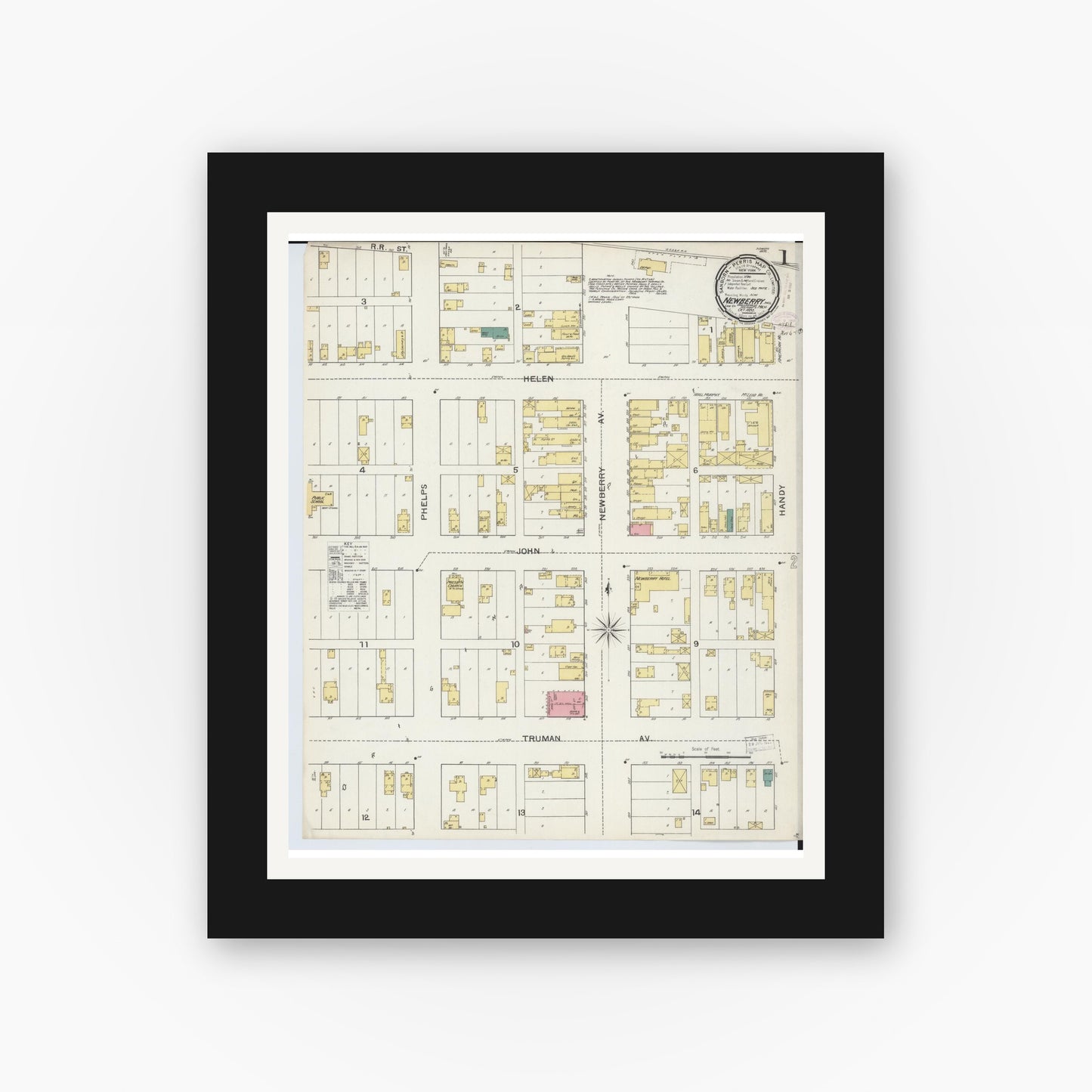 Old map wall art mockup — black gallery frame with white mat — Sanborn Fire Insurance Map from Newberry, Luce County, Michigan (1893) - Complete Map Set