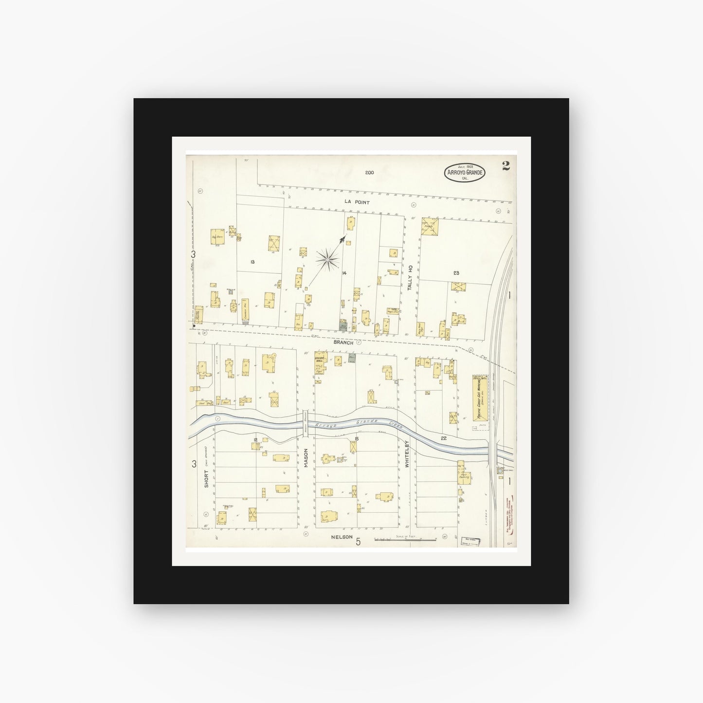 Old map wall art mockup — black gallery frame with white mat — Sanborn Fire Insurance Map from Arroyo Grande, San Luis Obispo County, California (1903), Sheet #0002