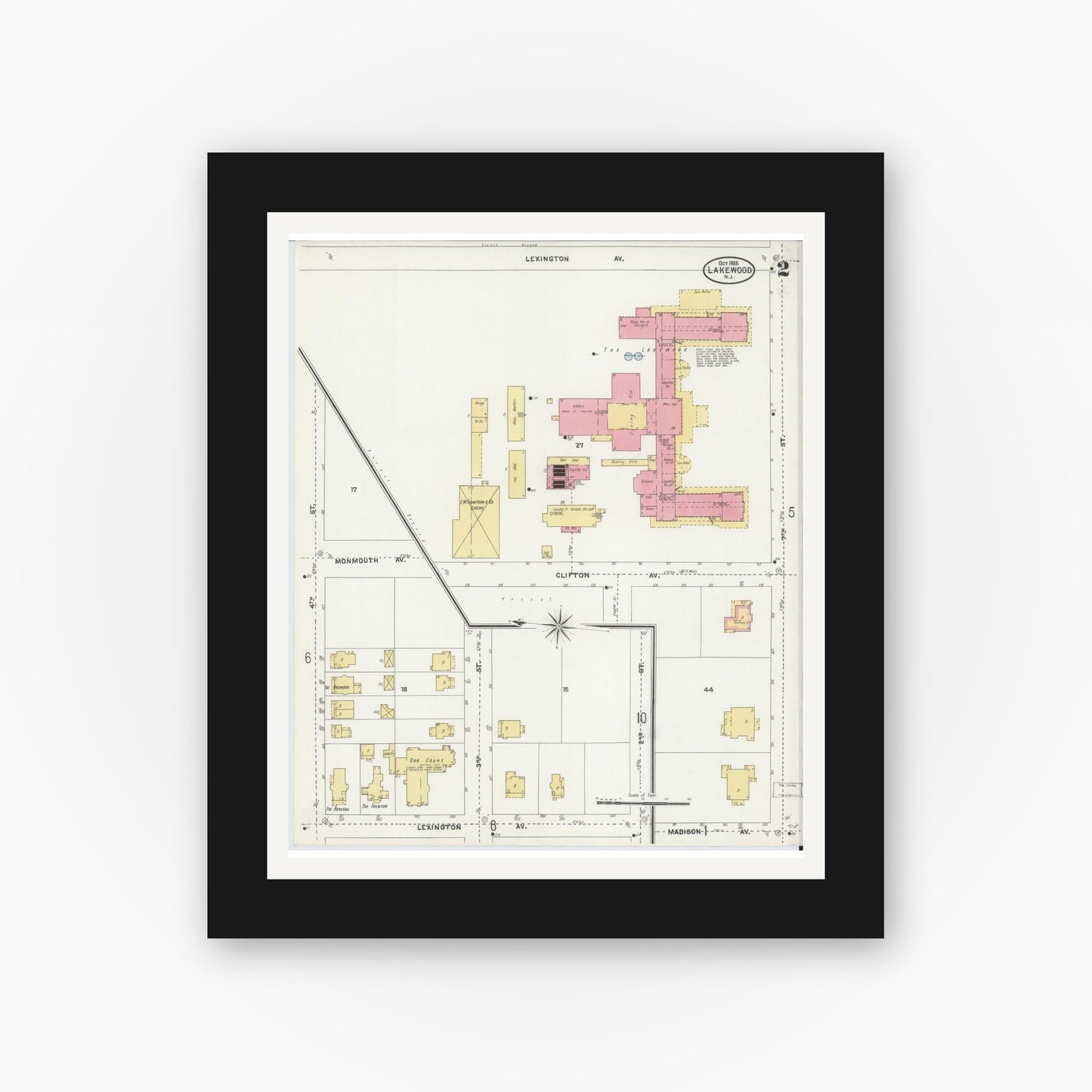 Old map wall art mockup — black gallery frame with white mat — Sanborn Fire Insurance Map from Lakewood, Ocean County, New Jersey (1905), Sheet #0002