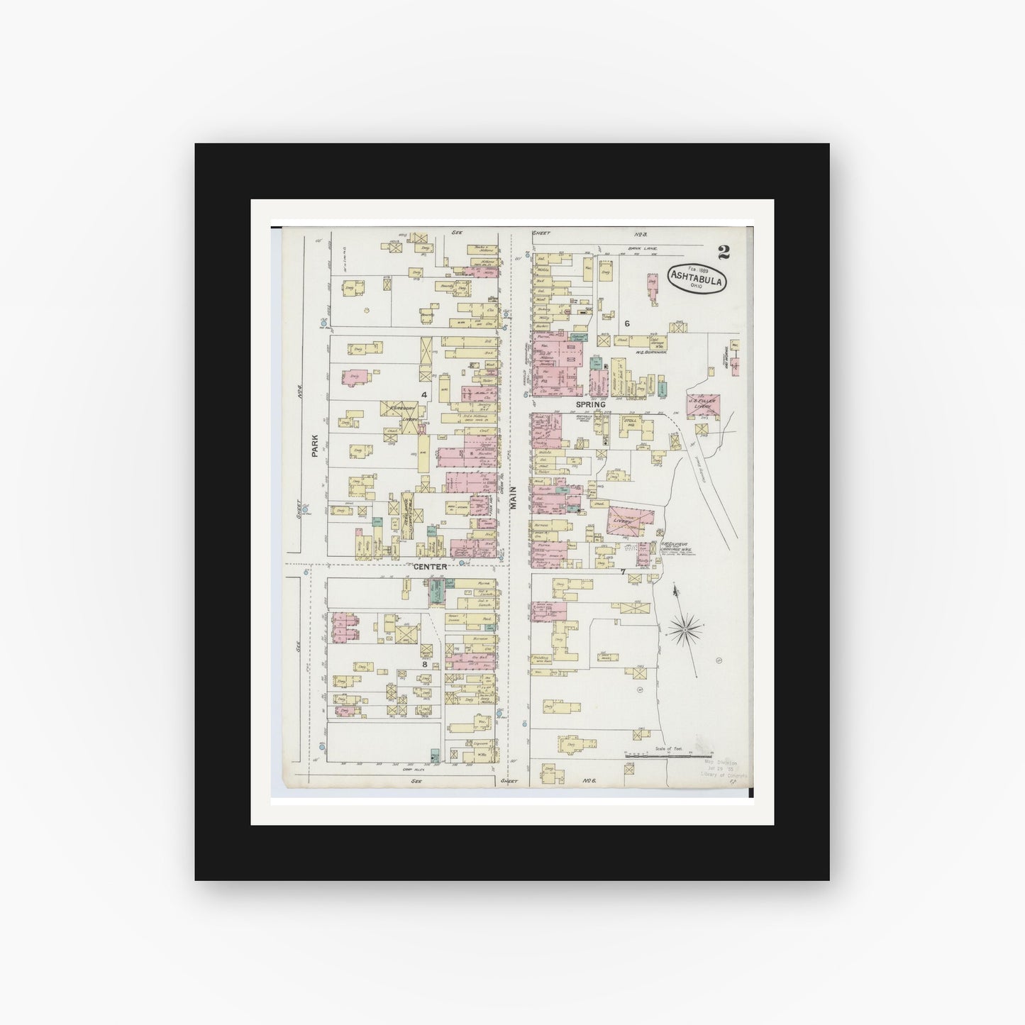 Old map wall art mockup — black gallery frame with white mat — Sanborn Fire Insurance Map from Ashtabula, Ashtabula County, Ohio (1889), Sheet #0002