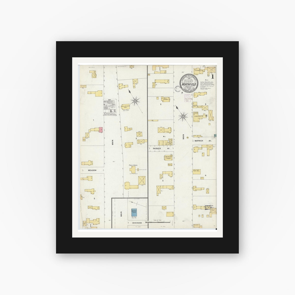 Old map wall art mockup — black gallery frame with white mat — Sanborn Fire Insurance Map from Northfield, Franklin County, Massachusetts (1902), Sheet #0001