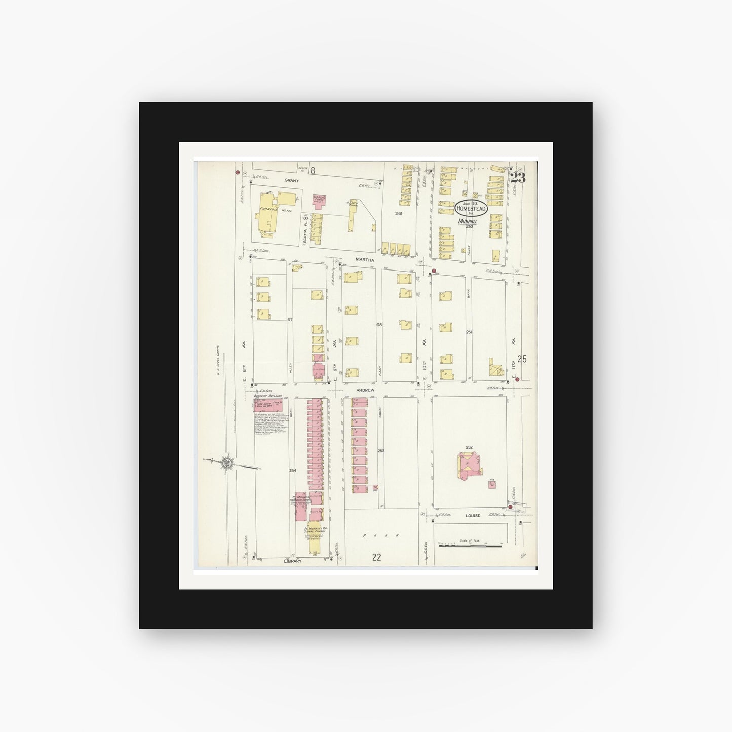 Old map wall art mockup — black gallery frame with white mat — Sanborn Fire Insurance Map from Homestead, Allegheny County, Pennsylvania (1913), Sheet #0023