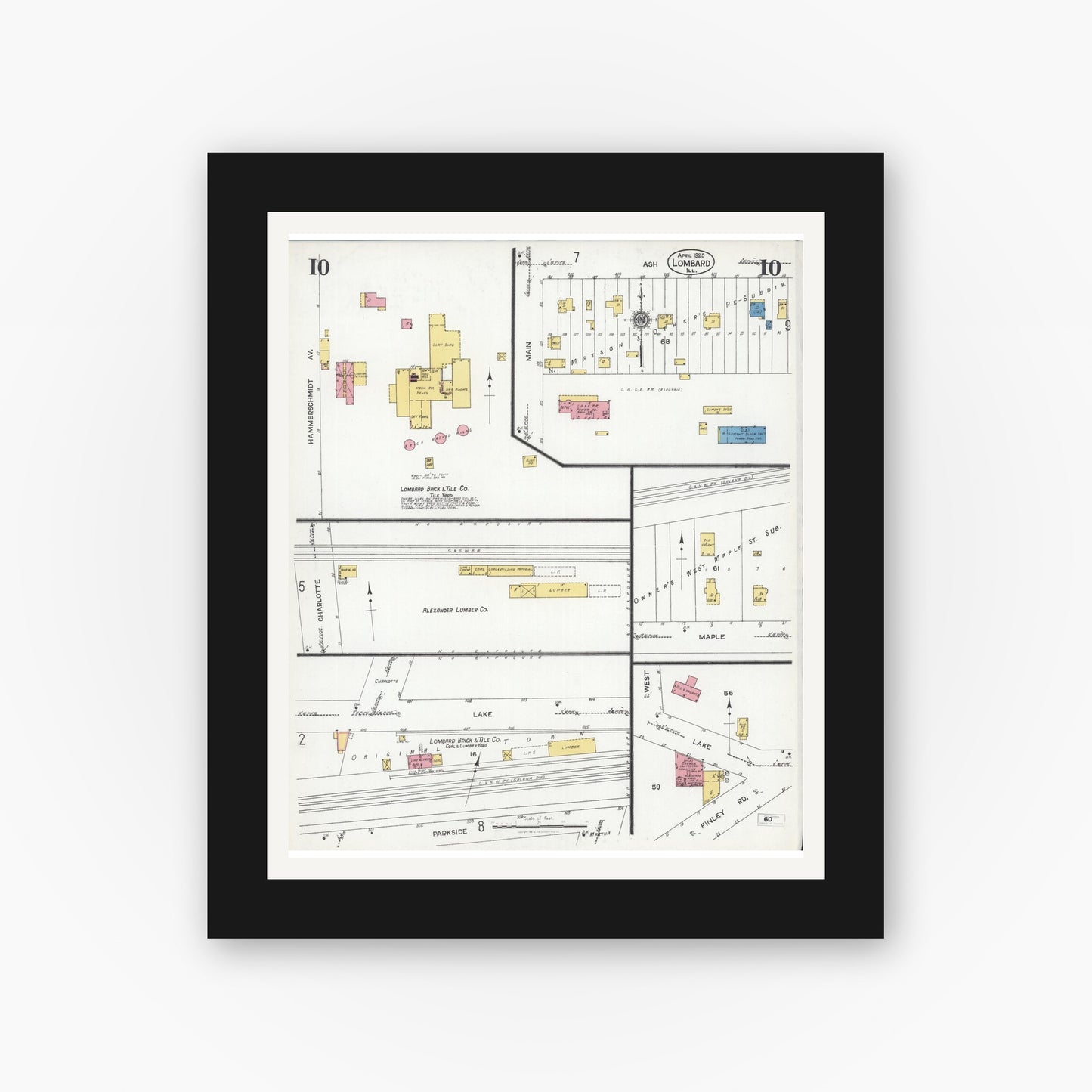 Old map wall art mockup — black gallery frame with white mat — Sanborn Fire Insurance Map from Lombard, Du Page County, Illinois (1925), Sheet #0010