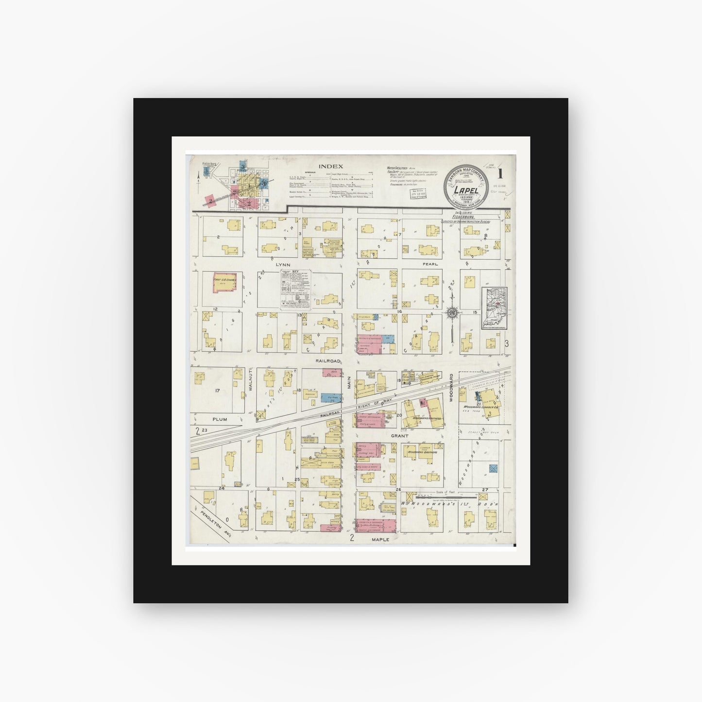 Old map wall art mockup — black gallery frame with white mat — Sanborn Fire Insurance Map from Lapel, Madison County, Indiana (1918) - Complete Map Set