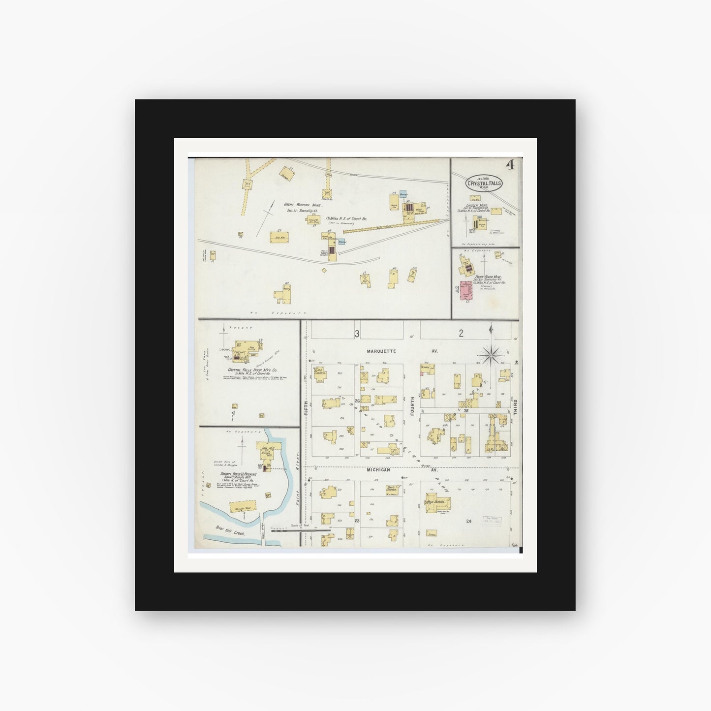 Old map wall art mockup — black gallery frame with white mat — Sanborn Fire Insurance Map from Crystal Falls, Iron County, Michigan (1898), Sheet #0004