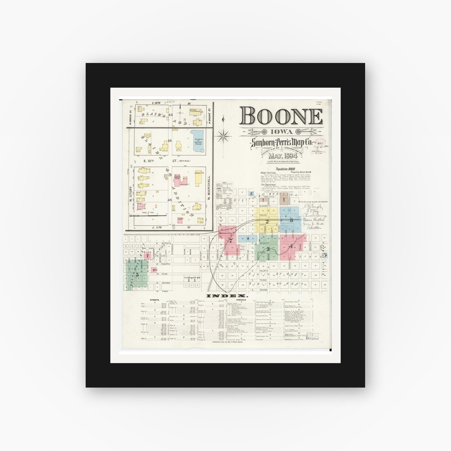 Old map wall art mockup — black gallery frame with white mat — Sanborn Fire Insurance Map from Boone, Boone County, Iowa (1894) — Complete Set
