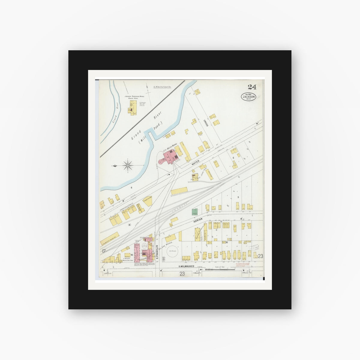 Old map wall art mockup — black gallery frame with white mat — Sanborn Fire Insurance Map from Jackson, Jackson County, Michigan (1899), Sheet #0024