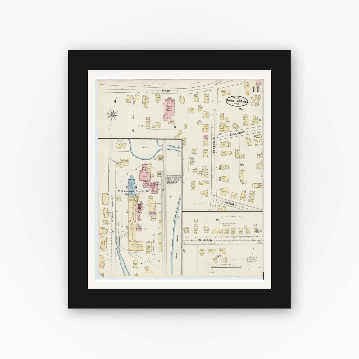 Old map wall art mockup — black gallery frame with white mat — Sanborn Fire Insurance Map from North Adams, Berkshire County, Massachusetts (1888), Sheet #0011