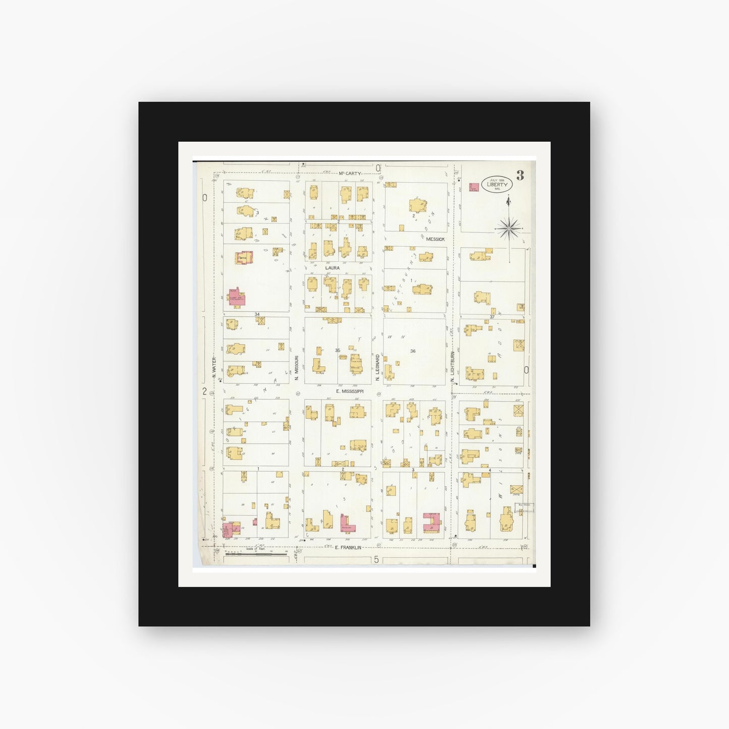Old map wall art mockup — black gallery frame with white mat — Sanborn Fire Insurance Map from Liberty, Clay County, Missouri (1906), Sheet #0003