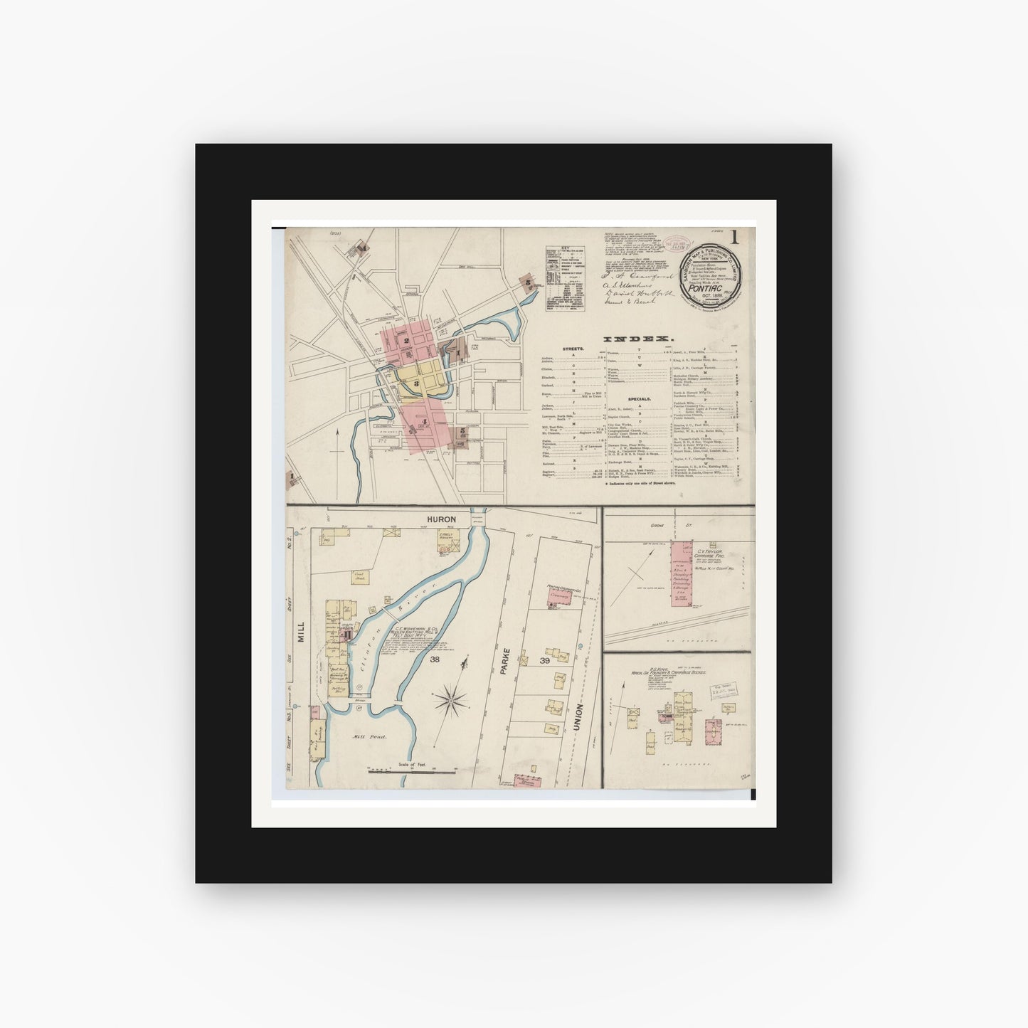 Old map wall art mockup — black gallery frame with white mat — Sanborn Fire Insurance Map from Pontiac, Oakland County, Michigan (1888), Sheet #0001