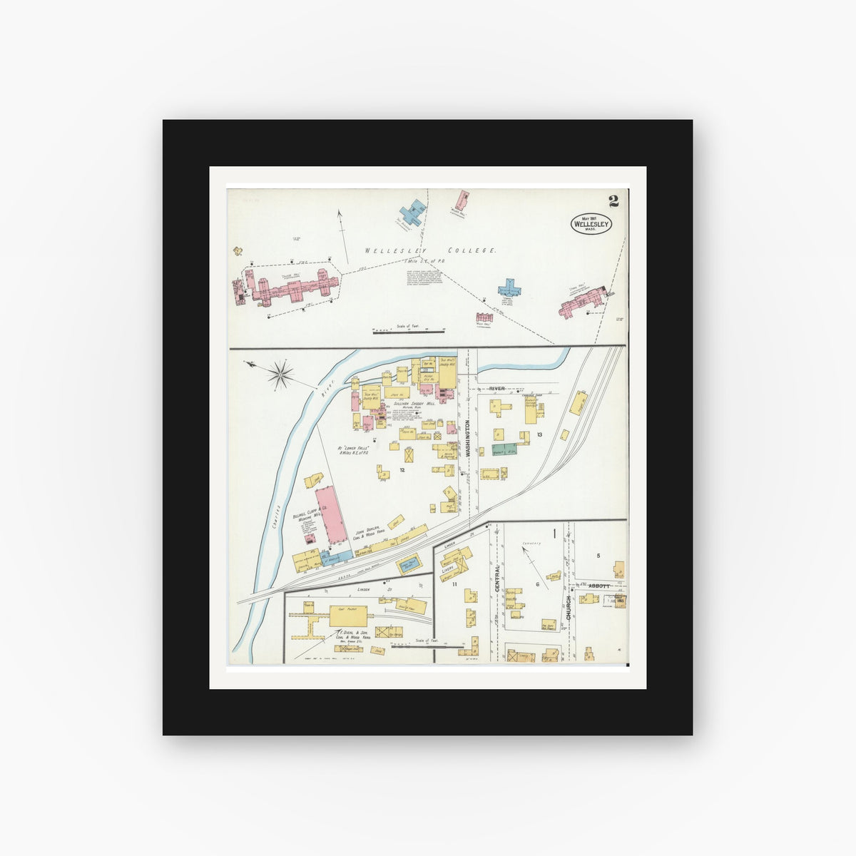 Old map wall art mockup — black gallery frame with white mat — Sanborn Fire Insurance Map from Wellesley, Norfolk County, Massachusetts (1901), Sheet #0002