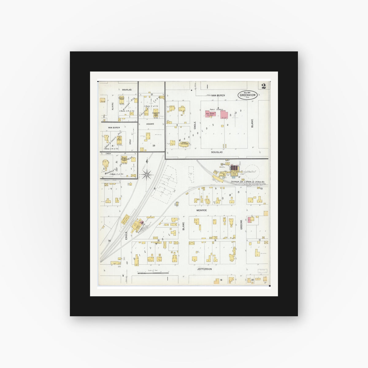 Old map wall art mockup — black gallery frame with white mat — Sanborn Fire Insurance Map from Greenview, Menard County, Illinois (1901), Sheet #0002