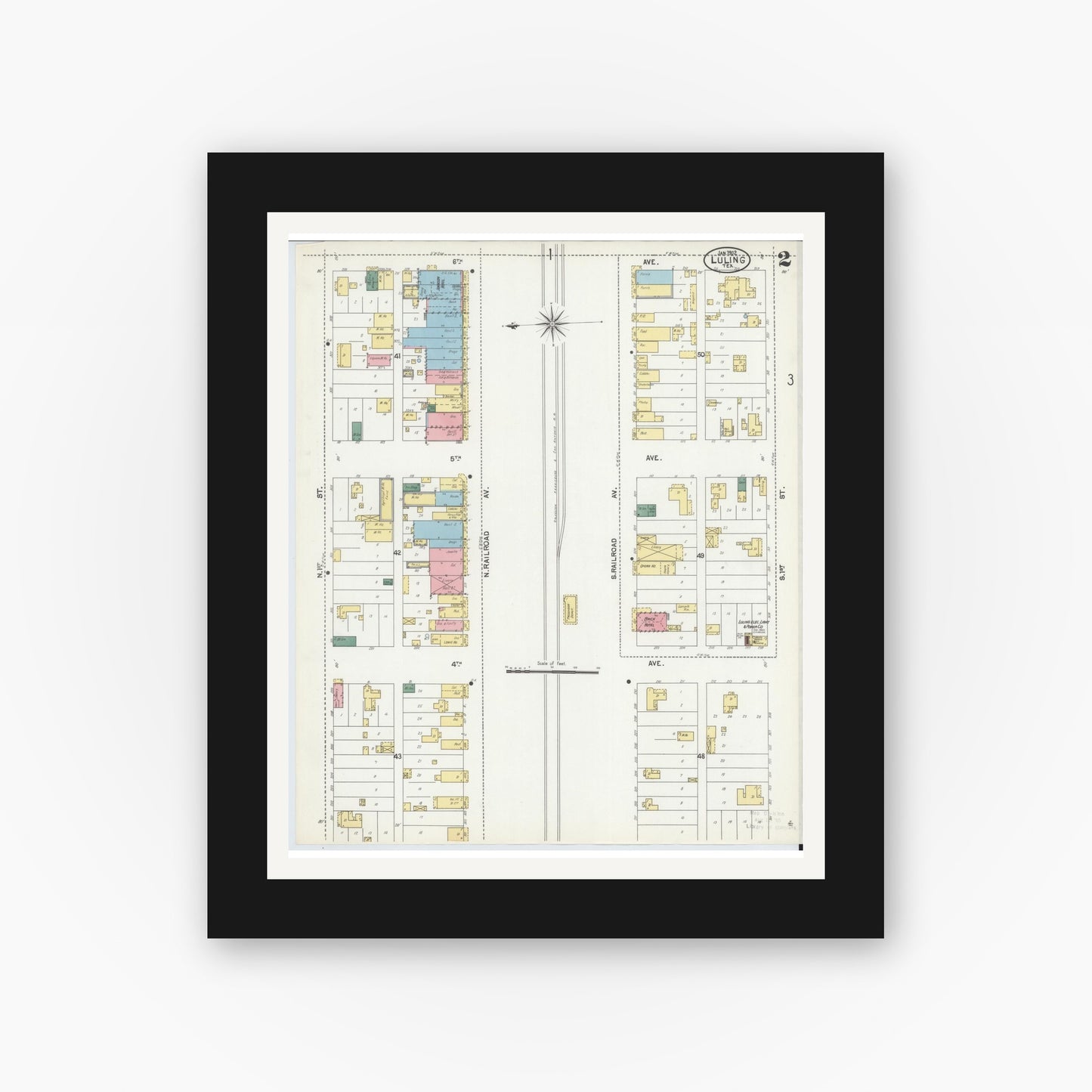 Old map wall art mockup — black gallery frame with white mat — Sanborn Fire Insurance Map from Luling, Caldwell County, Texas (1902), Sheet #0002
