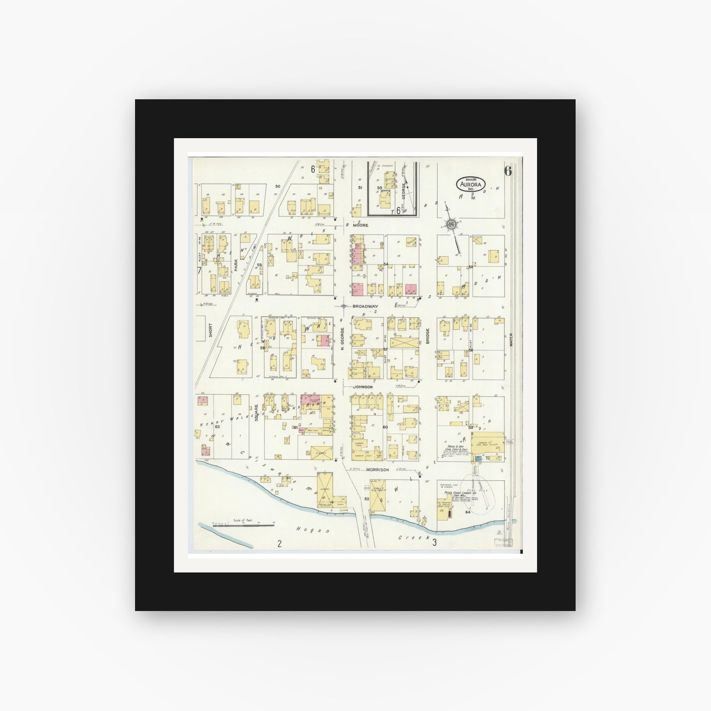 Old map wall art mockup — black gallery frame with white mat — Sanborn Fire Insurance Map from Aurora, Dearborn County, Indiana (1911), Sheet #0006