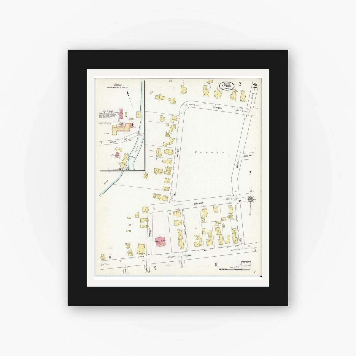 Old map wall art mockup — black gallery frame with white mat — Sanborn Fire Insurance Map from Athol, Worcester County, Massachusetts (1911), Sheet #0002