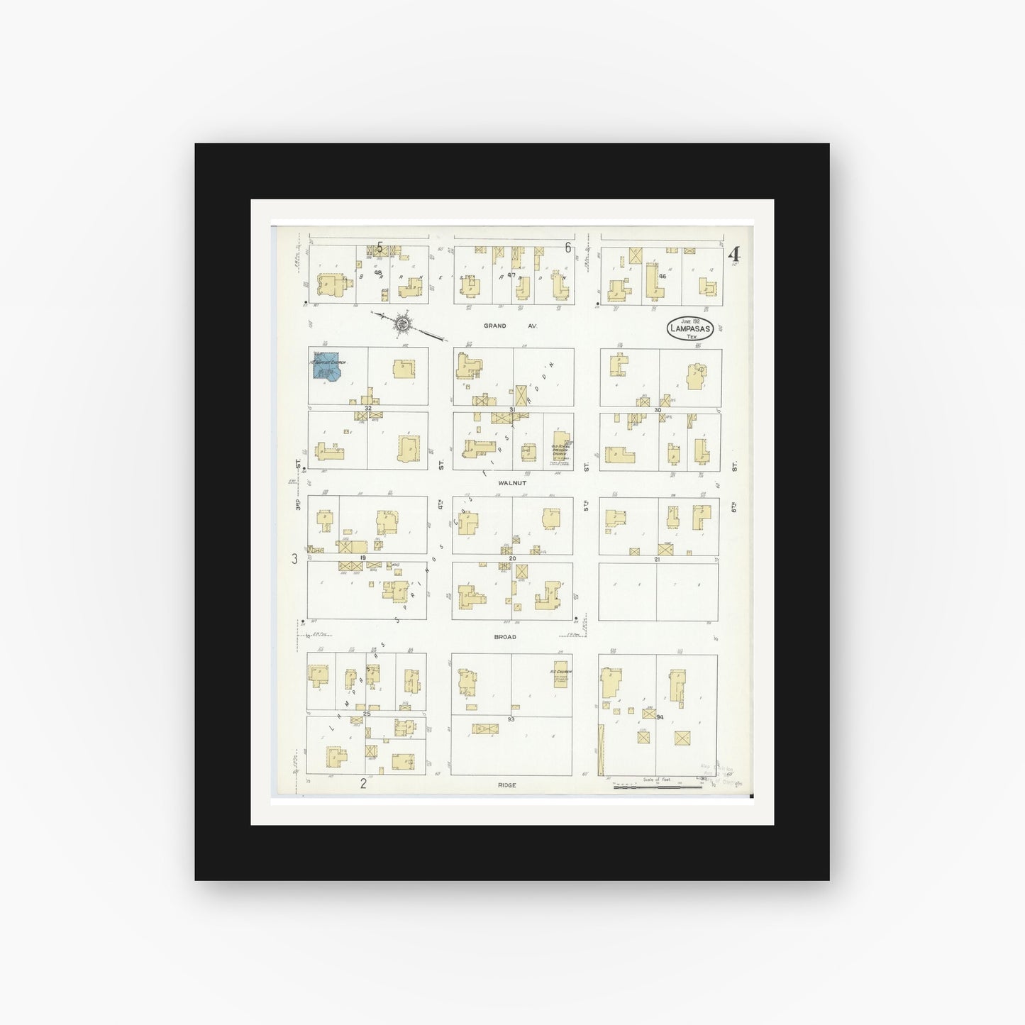 Old map wall art mockup — black gallery frame with white mat — Sanborn Fire Insurance Map from Lampasas, Lampasas County, Texas (1912), Sheet #0004