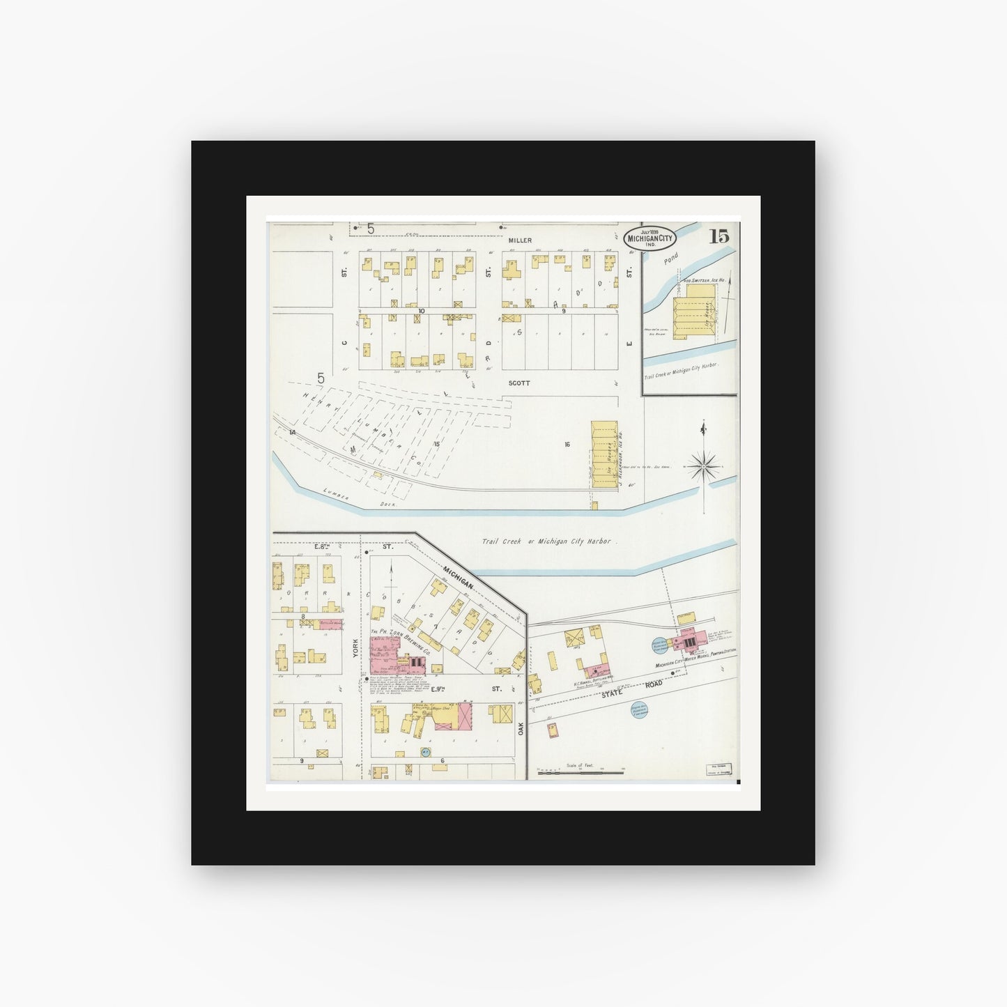 Old map wall art mockup — black gallery frame with white mat — Sanborn Fire Insurance Map from Michigan City, La Porte County, Indiana (1899), Sheet #0015