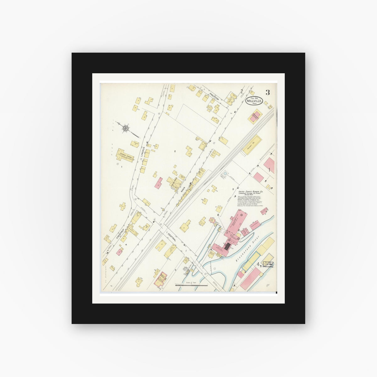 Old map wall art mockup — black gallery frame with white mat — Sanborn Fire Insurance Map from Millville, Worcester County, Massachusetts (1913), Sheet #0003