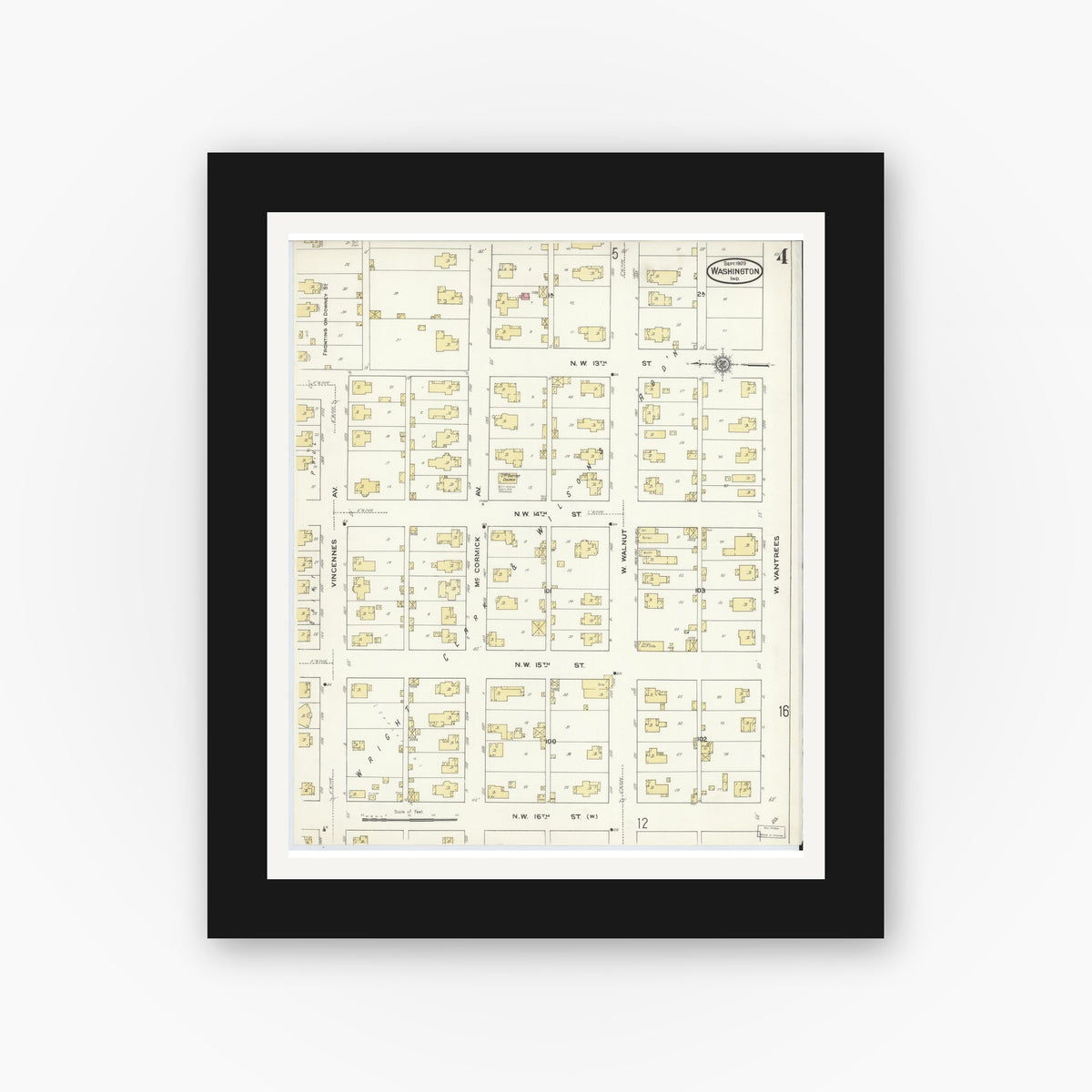 Old map wall art mockup — black gallery frame with white mat — Sanborn Fire Insurance Map from Washington, Daviess County, Indiana (1909), Sheet #0004