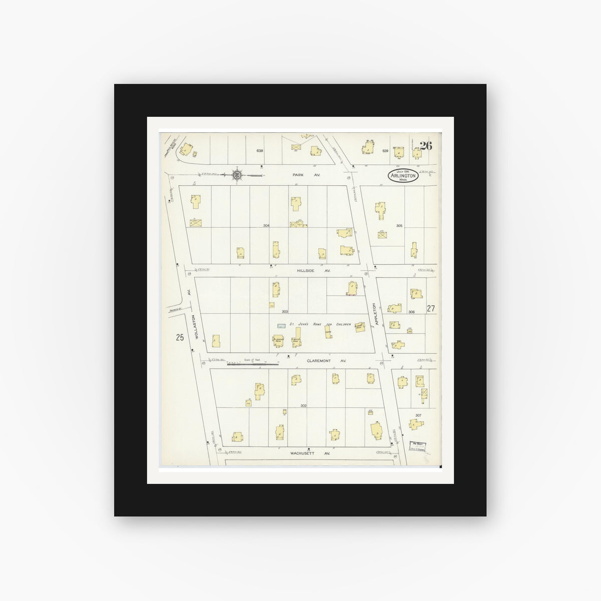 Old map wall art mockup — black gallery frame with white mat — Sanborn Fire Insurance Map from Arlington, Middlesex County, Massachusetts (1914), Sheet #0026