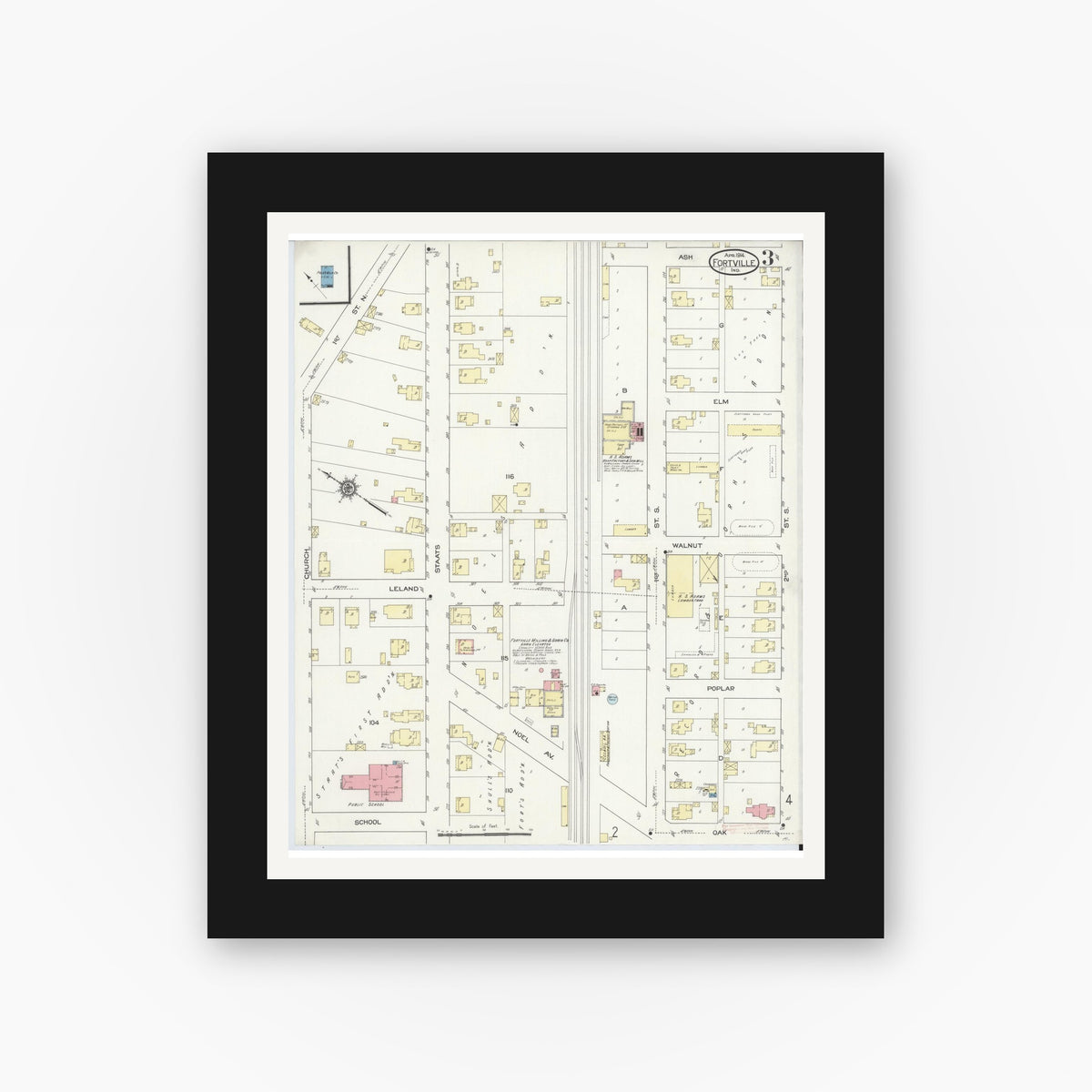 Old map wall art mockup — black gallery frame with white mat — Sanborn Fire Insurance Map from Fortville, Hancock County, Indiana (1914), Sheet #0003