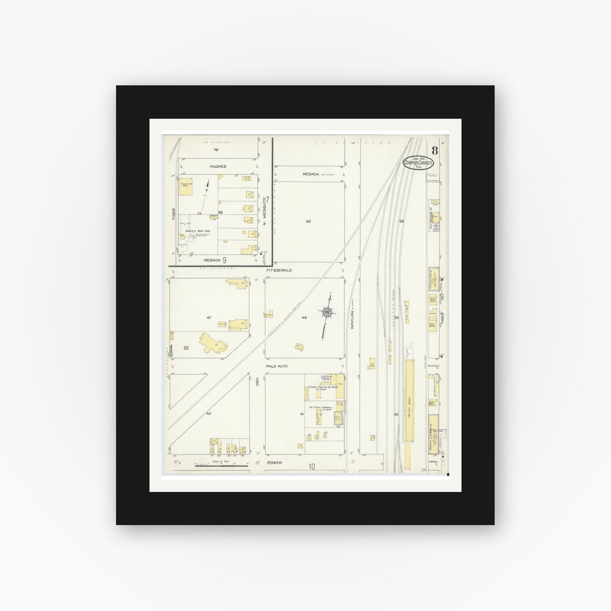 Old map wall art mockup — black gallery frame with white mat — Sanborn Fire Insurance Map from Corpus Christi, Nueces County, Texas (1914), Sheet #0008