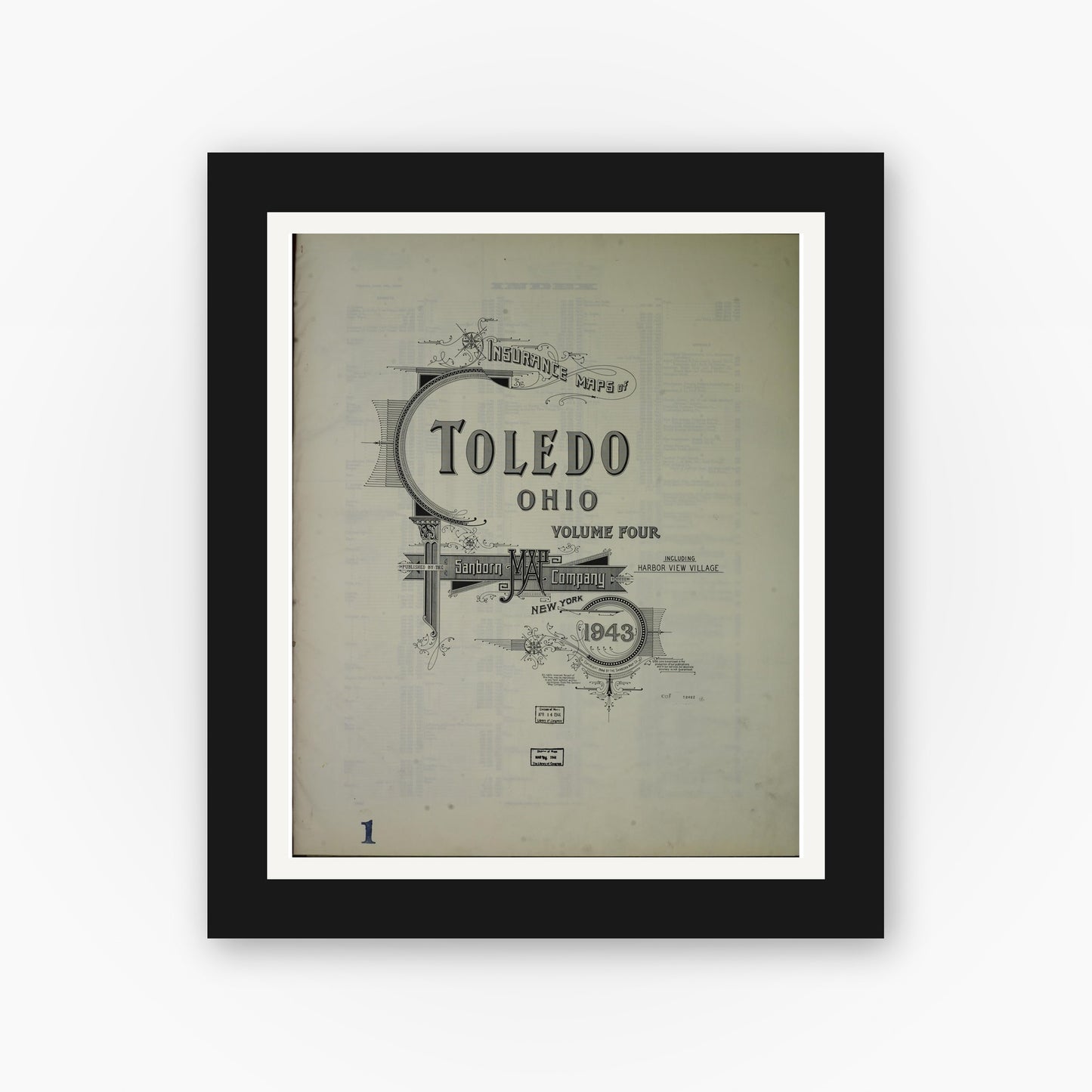 Old map wall art mockup — black gallery frame with white mat — Sanborn Fire Insurance Map from Toledo, Lucas County, Ohio (1943), Sheet #0001