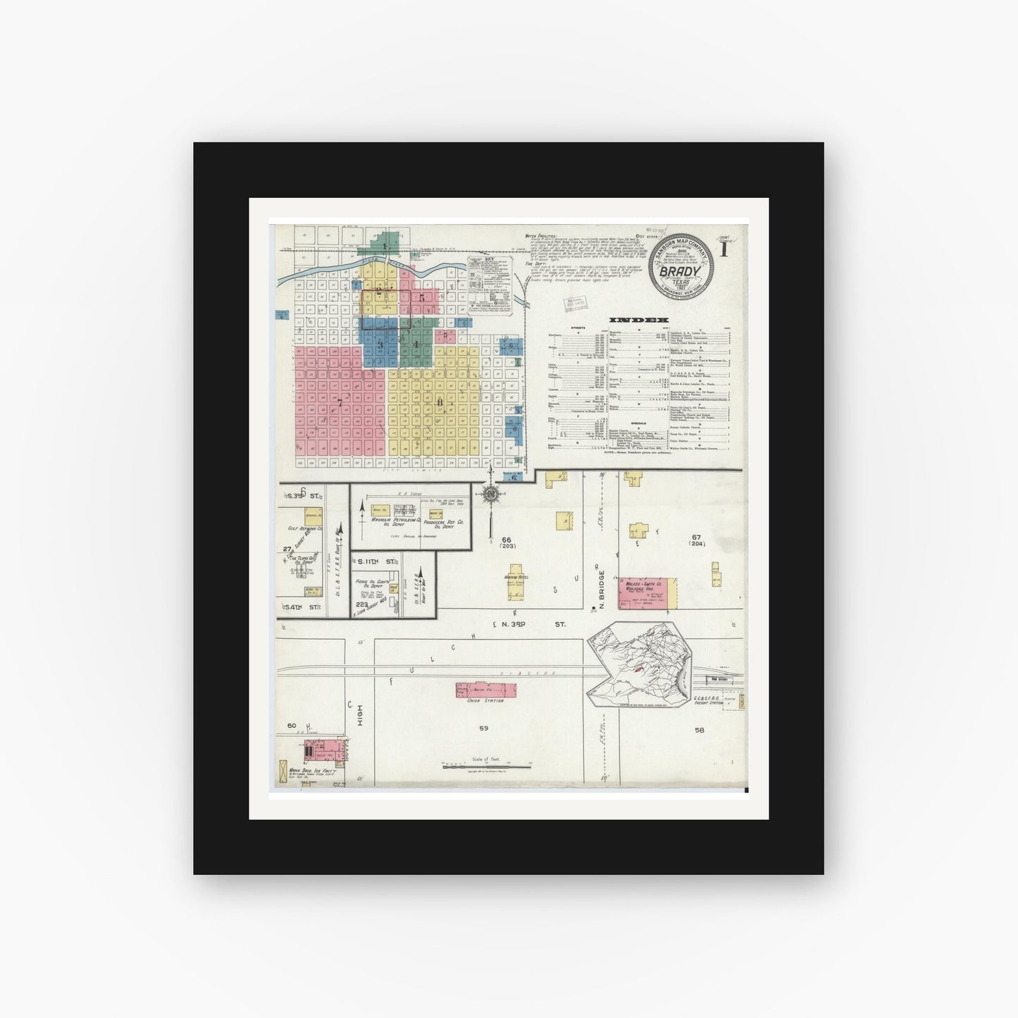 Old map wall art mockup — black gallery frame with white mat — Sanborn Fire Insurance Map from Brady, McCulloch County, Texas (1921), Sheet #0001
