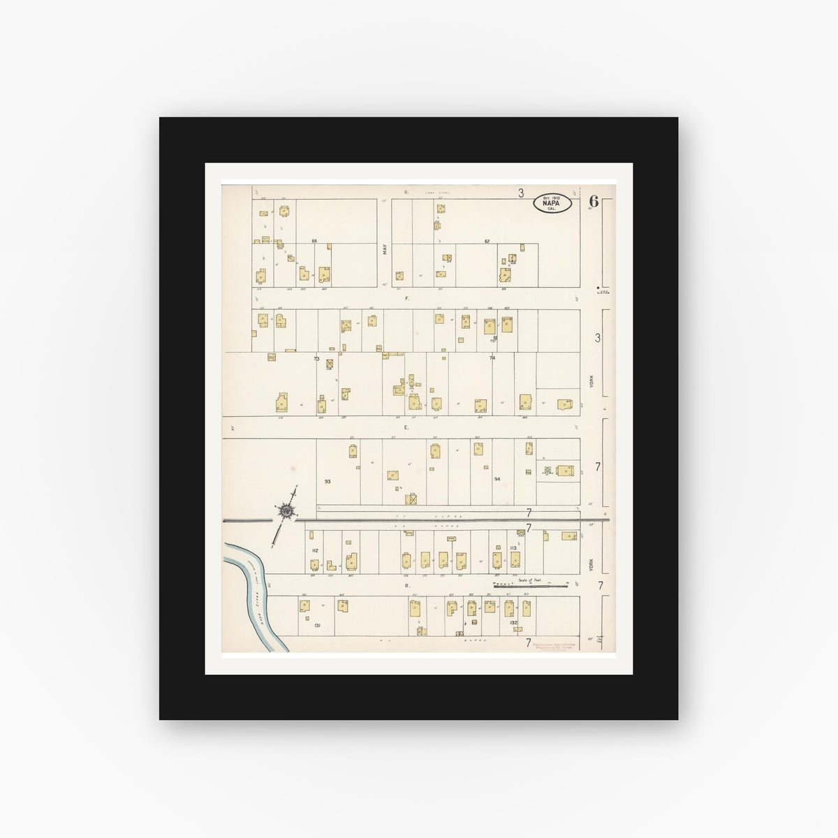 Old map wall art mockup — black gallery frame with white mat — Sanborn Fire Insurance Map from Napa, Napa County, California (1910), Sheet #0006
