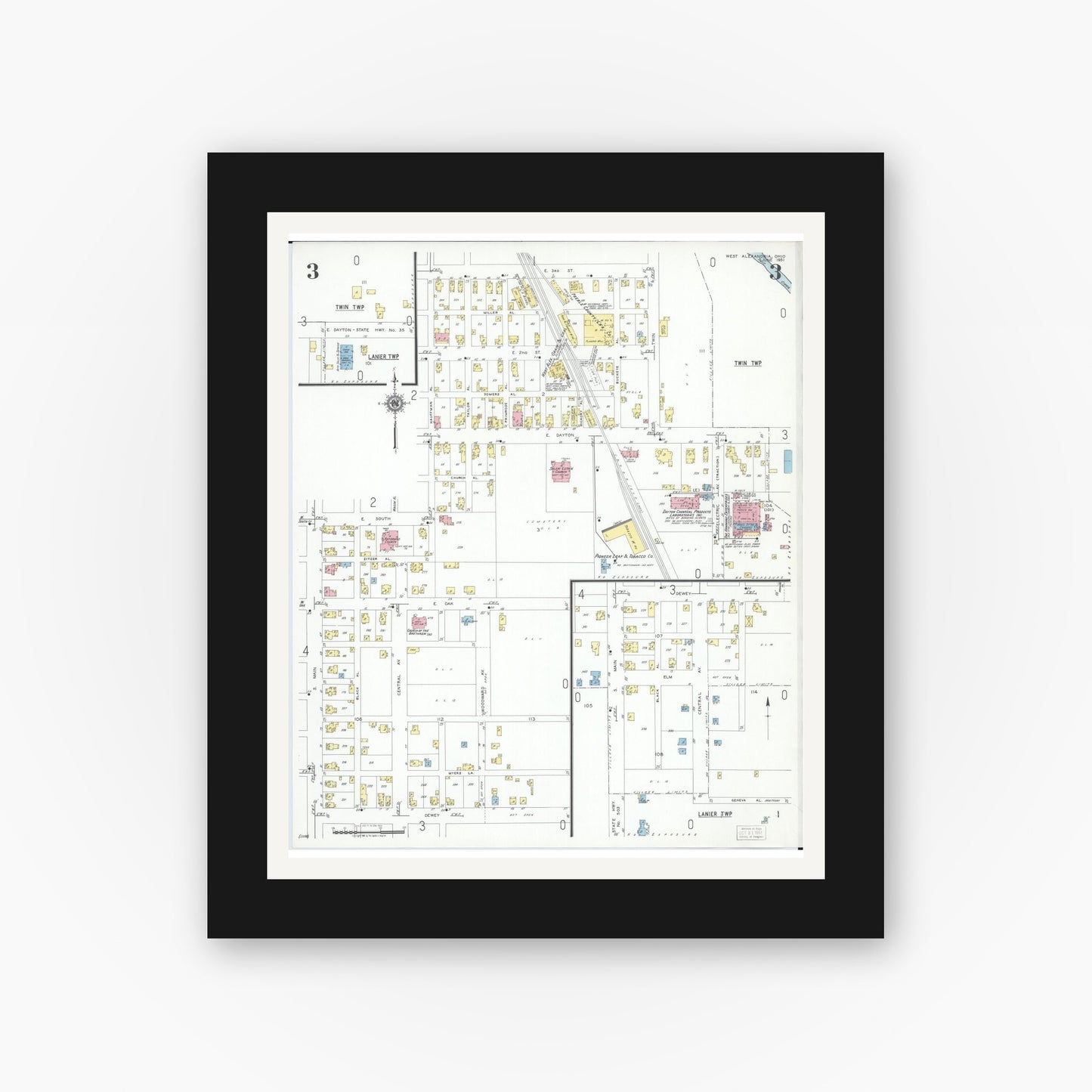 Old map wall art mockup — black gallery frame with white mat — Sanborn Fire Insurance Map from West Alexandria, Preble County, Ohio (1951), Sheet #0003