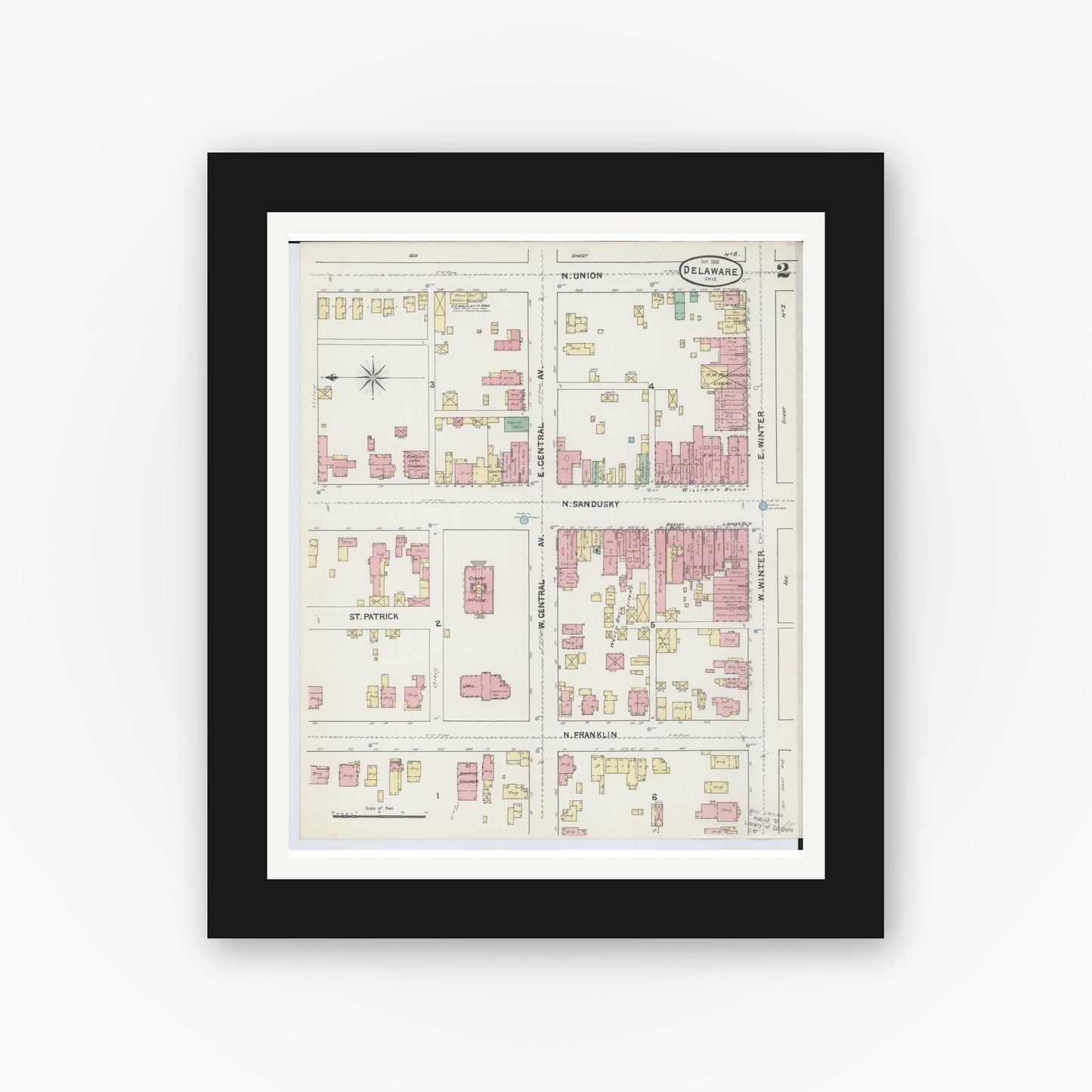 Old map wall art mockup — black gallery frame with white mat — Sanborn Fire Insurance Map from Delaware, Delaware County, Ohio (1890), Sheet #0002