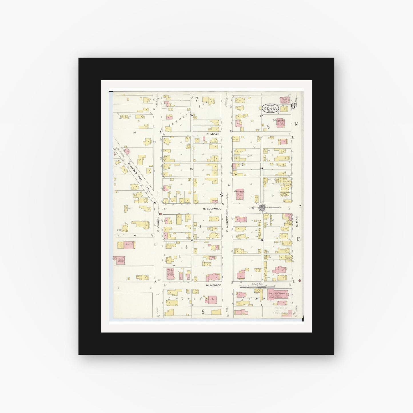 Old map wall art mockup — black gallery frame with white mat — Sanborn Fire Insurance Map from Xenia, Greene County, Ohio (1910), Sheet #0006