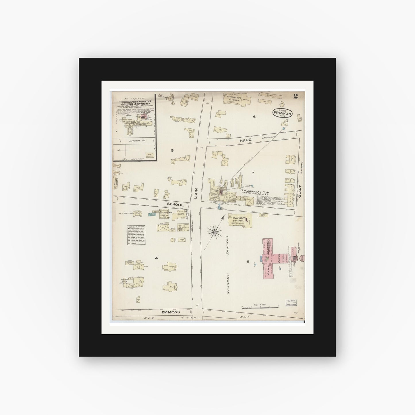Old map wall art mockup — black gallery frame with white mat — Sanborn Fire Insurance Map from Franklin, Norfolk County, Massachusetts (1884), Sheet #0002