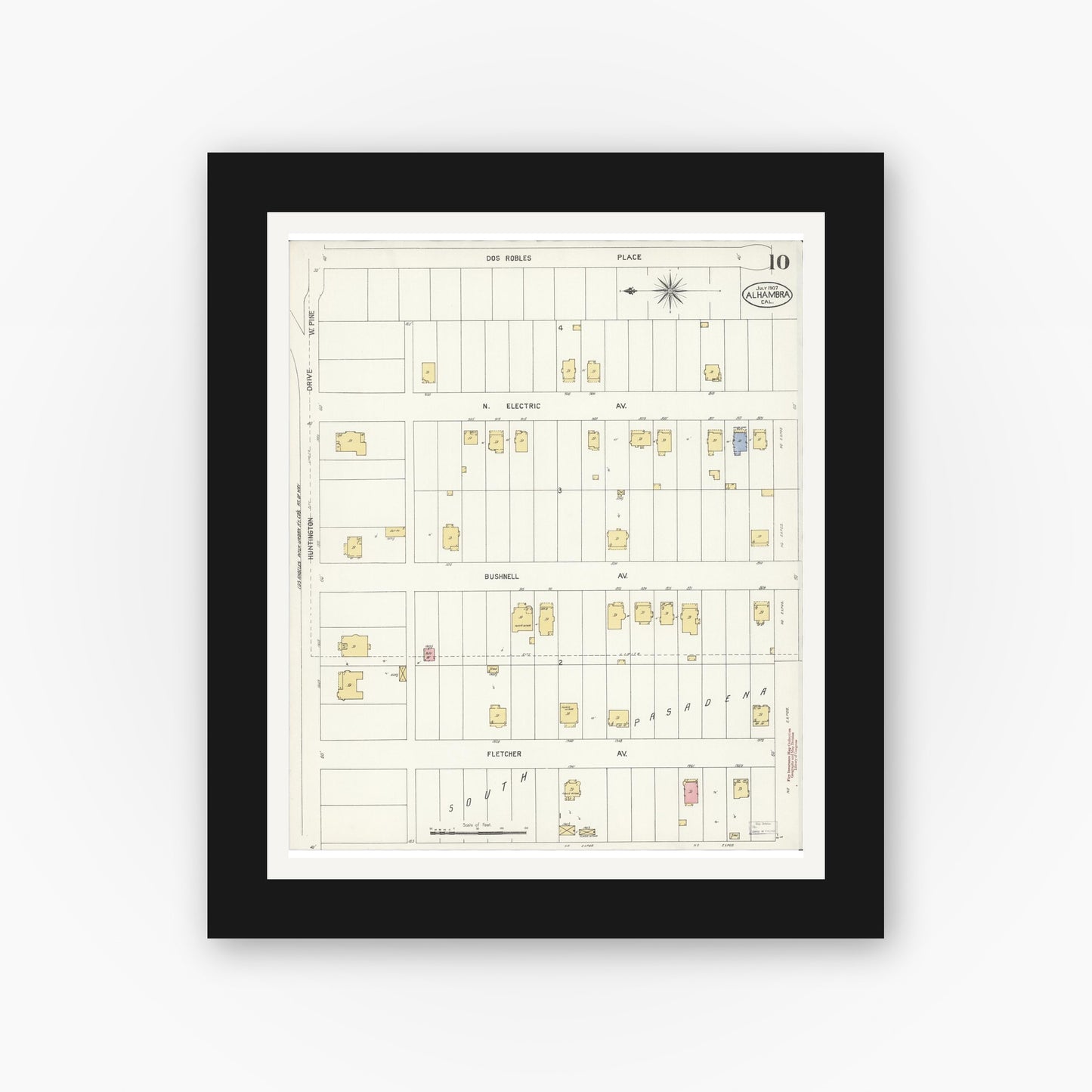 Old map wall art mockup — black gallery frame with white mat — Sanborn Fire Insurance Map from Alhambra, Los Angeles County, California (1907), Sheet #0010