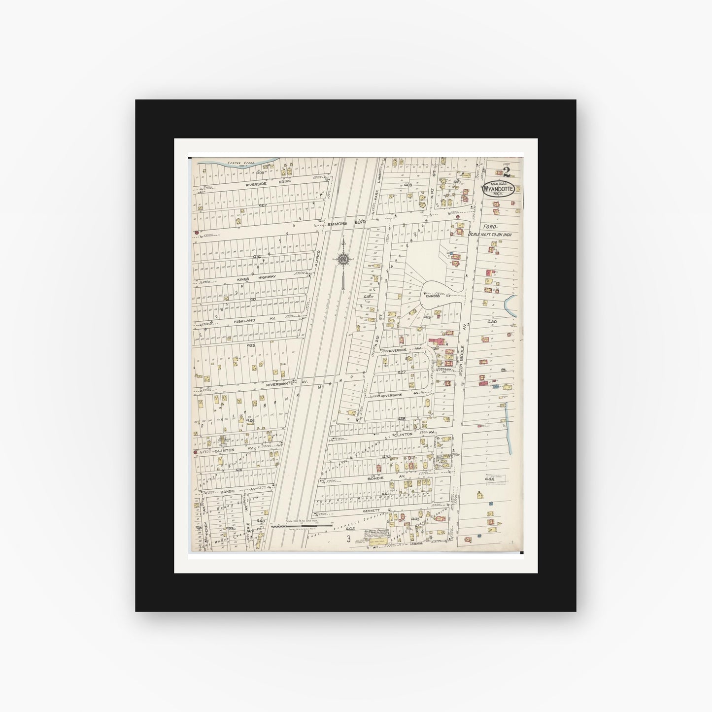 Old map wall art mockup — black gallery frame with white mat — Sanborn Fire Insurance Map from Wyandotte, Wayne County, Michigan (1922), Sheet #0002