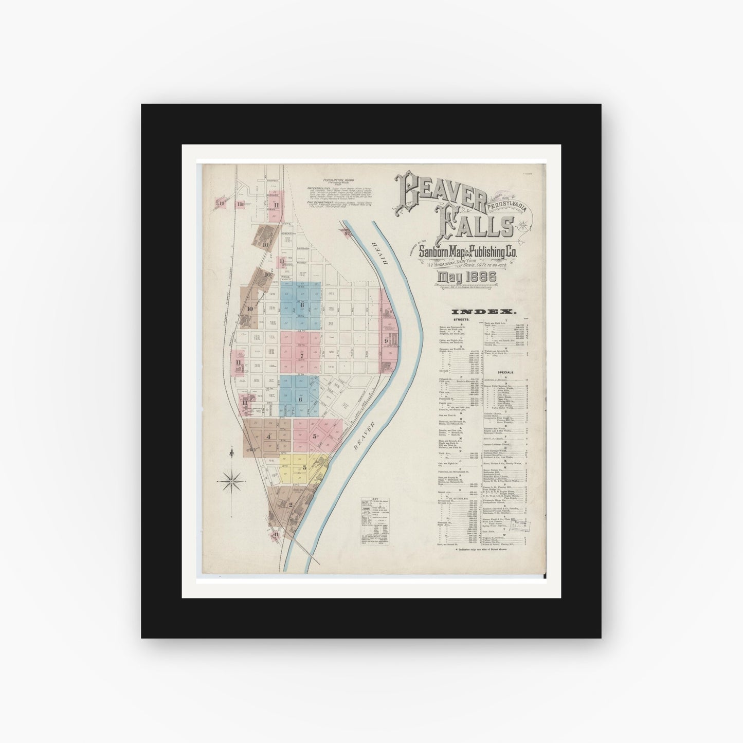 Old map wall art mockup — black gallery frame with white mat — Sanborn Fire Insurance Map from Beaver Falls, Beaver County, Pennsylvania (1886), Sheet #0001